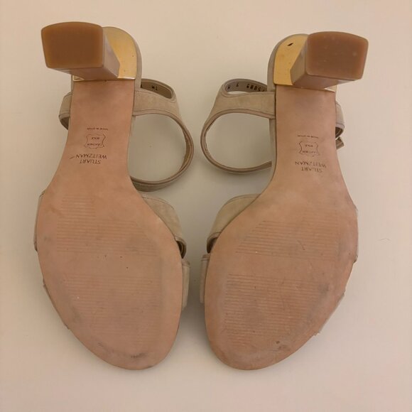 Stuart Weitzman Suede Cross Front Sandals with Sculpted Gold Trim Heel - Picture 6 of 8